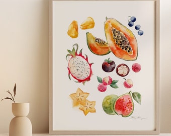 Impresión artística en acuarela de frutas tropicales / Obra de arte de frutas / Arte de frutas tropicales exóticas, arte con temática de la naturaleza y decoración de pared