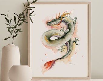 Fire Dragon Watercolor Print inspired by Chinese Zodiac Signs.