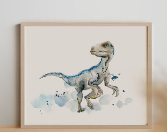 Blue the Velociraptor Art Print - Dinosaur Art Print, watercolor velociraptor art print, Jurassic Park inspired dinosaur art