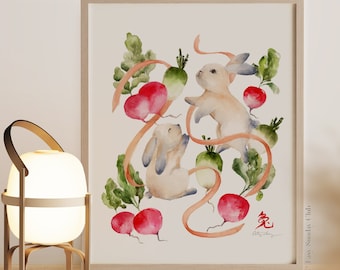 Rabbits Watercolor Print - Chinese Zodiac Inspired Art Print