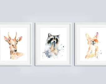 Set of 3 Woodland Animals Art Prints - Fox, Deer, and Raccoon Prints, Modern Nursery Art for Gender Neutral Room