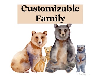 Customizable Bear Family Watercolor Art Print - Customize kids - Woodland Themed Nursery Art - Animal Family Art Print