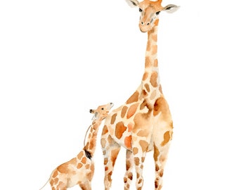 Giraffe Mother and Baby Art Print: Giraffe Watercolor Print for Gender Neutral Nursery / Giraffe Family Painting / Safari Animal Art