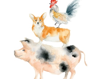 Animal Stack Art Print with Rooster, Dog, and Pig. Fun Farm Animals Wall Art For Nursery, Playful Watercolor Art Print for Kids Room