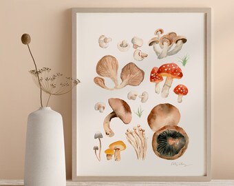 Mushroom Variety Watercolor Art Print / Fungi artwork / Nature themed art and wall decor / Whimsical Mushrooms & Plant Art
