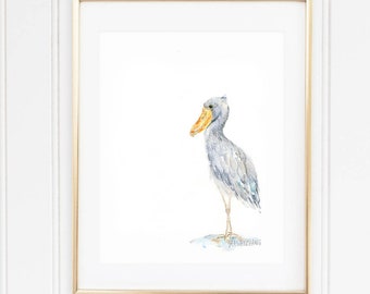 Schuhschnabel Storch Kunstdruck Aquarell: Waldposter Kinderzimmer Dekor