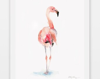 Flamingo Watercolor Art Print in Coral Pink: Modern Bird Watercolor / Pink Nursery Decor / Baby Girl Nursery Decor