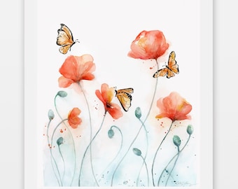 Poppies Watercolor Art Print / Poppies and Butterflies, Poppies and Bees / Floral Art Print for Girl Nursery / Watercolor Flowers