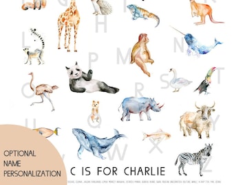 Alphabet Print for Preschools, Kids Room, Nursery, Play room with Watercolor Animals / Optional Personalization