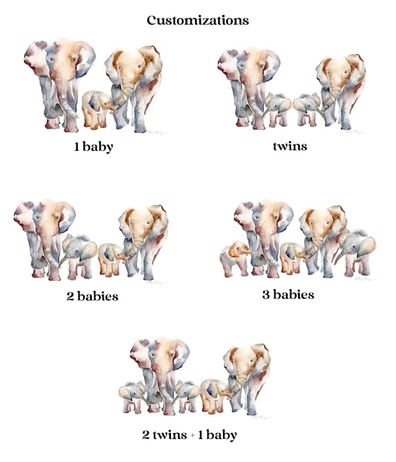 Impresión personalizable de arte de acuarela de la familia de elefantes 1,  2 o 3 elefantes bebés Safari Animals Nursery Art -  España