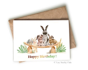 Punny Birthday Card - Hoppy Birthday Bunnies Card for Friends, Kids' Birthdays, School Classmates, Cute Animal Birthday Card