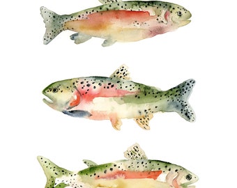 Rainbow Trout Watercolor Art Print / Rainbow Trout Trio Art Print / Father's Day Gift / Gift for Fishing Hobbyists