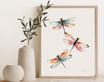 Dragonflies Watercolor Art Print / Beautiful Insect Wall Decor / Dragonfly painting