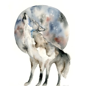 Howling Wolf Watercolor Art Print: Modern wolf art print for woodland themed nursery / wolf art boy room decor