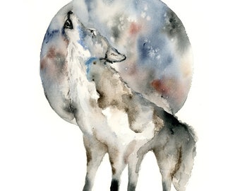 Impresión artística de acuarela de lobo aullando: impresión artística de lobo moderna para decoración de habitación de niño o guardería con temática de bosque