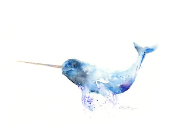 Narwhal Watercolor Art Print : Modern Wildlife Art Print / Whale Art for Children's room or ocean life decor / sea animals art decor