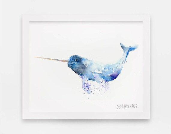 イッカクのパステル画 イッカクの水彩画アートプリント：モダンな野生動物のアートプリント