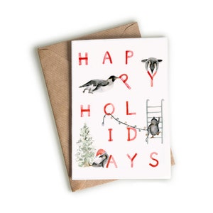 Happy Holidays Greeting Card - Playful Penguins Illustration Christmas Card