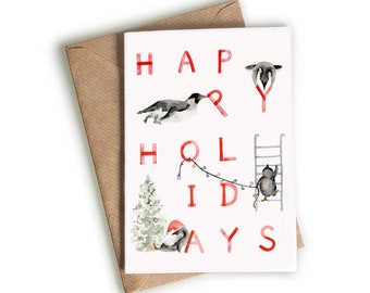 Happy Holidays Greeting Card - Playful Penguins Illustration Christmas Card