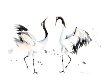 日本の鶴の水彩画アートプリント：モダンな鳥の水彩画 / ミニマリスト