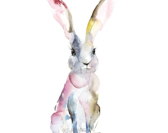 Rabbit Watercolor Art Print - whimsical rabbit for Chinese New Year, rabbit watercolor for easter gift, easter bunny watercolor art print