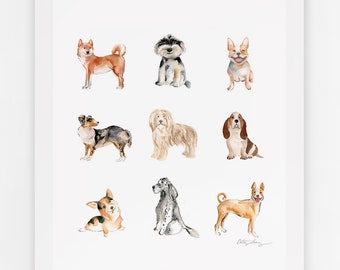 Dog Party Watercolor Art Print : Fun Dogs Print, art gift for dog lovers, Dog Collage Art Print