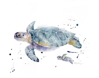 Sea Turtle Watercolor Art Print / sea turtle mother and baby art print / Mother's Day Gift from Daughter