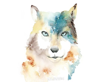 Wolf aquarel kunstafdruk: moderne wolf kunstafdruk perfect voor kinderkamer met bosthema / wolf aquarel kunst aan de muur / groene aquarel wolf
