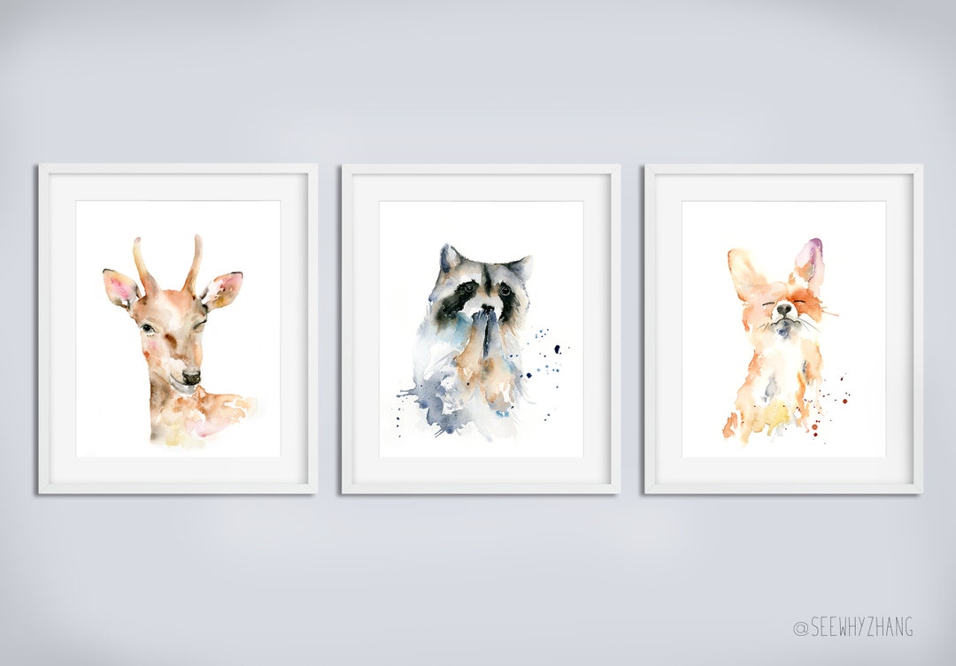Woodland Animals Set of 3 Watercolor Art Prints for Nursery Decor - Fox ...