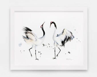 日本の鶴の水彩画アートプリント：モダンな鳥の水彩画 / ミニマ