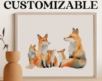 Customizable Fox Family Watercolor Art Print - customize baby elephants - Woodland Animals Nursery Decor