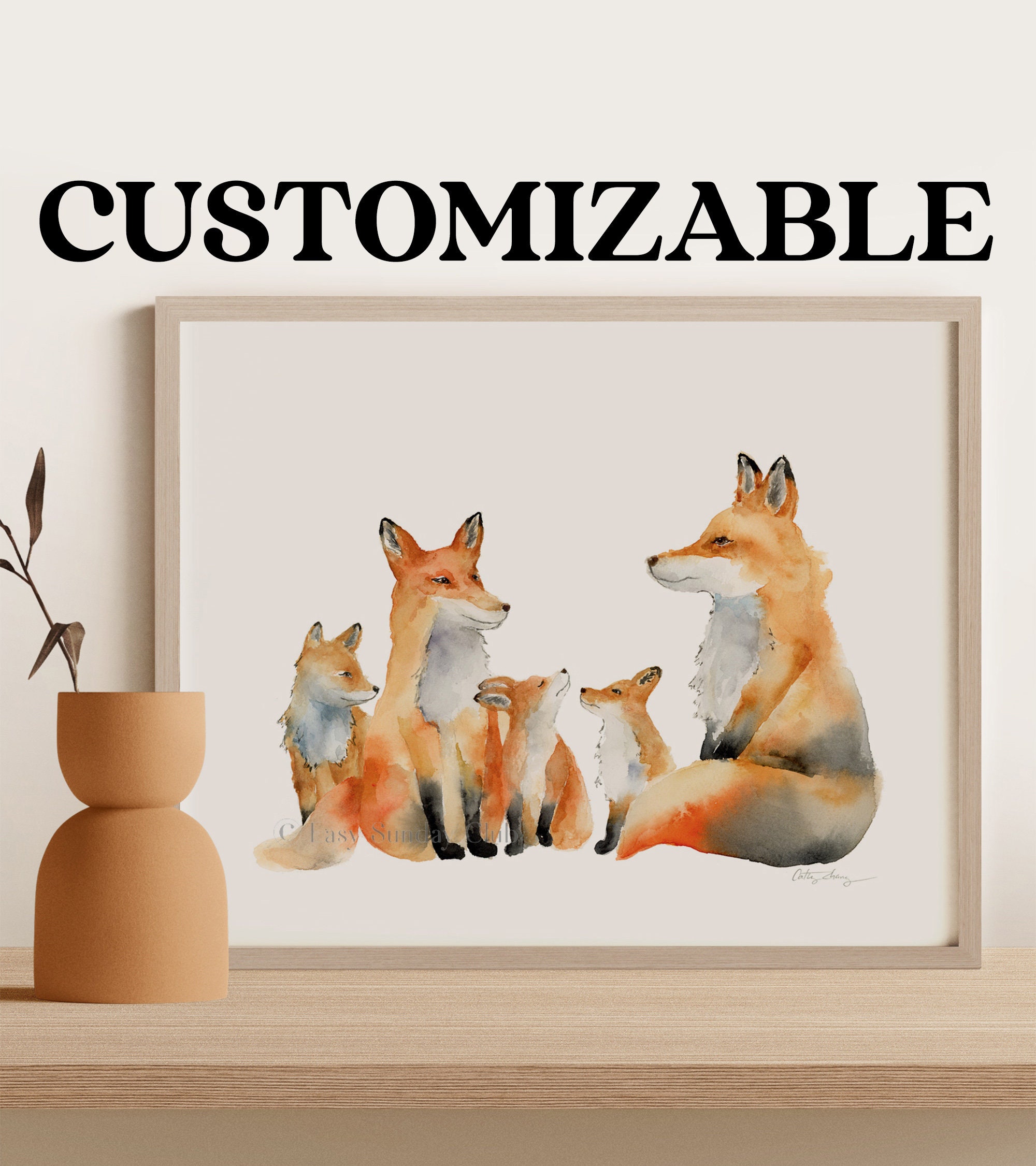 Fox Family Portrait Print With Any Names, Mothers Day Gifts for Mum,  Personalised Birthday Present for Mother in Law 