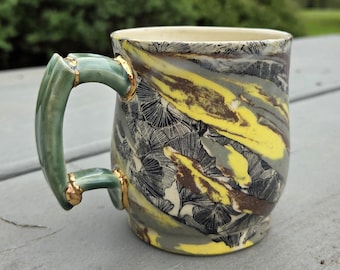 Handmade Kintsugi Inspired Ceramic Coffee Mug, Gold Detail Agateware