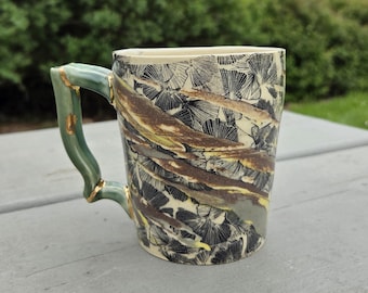 Handmade Kintsugi Inspired Ceramic Coffee Mug, Gold Detail Agateware