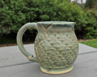 Handmade Ceramic Mug, Kintsugi Inspired - highly textured, with decorative real gold