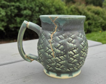 Handmade Ceramic Mug, Kintsugi Inspired - highly textured, with decorative real gold