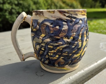 Handmade Kintsugi Inspired Ceramic Coffee Mug, Gold Detail Marbled Clay Agateware