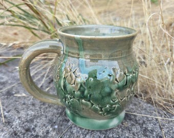 Handmade Ceramic Mug, two tone green gloss glaze with texture