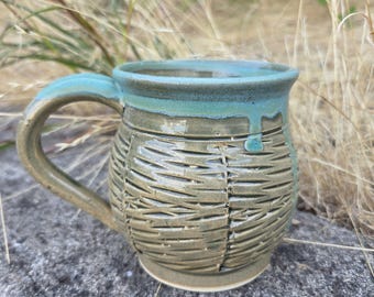 Handmade Ceramic Mug, highly textured, with two different green glazes