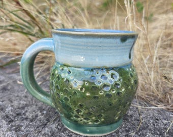 Handmade Ceramic Mug, two tone green gloss and satin matte with texture