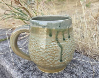 Handmade Ceramic Mug, highly textured, with tan, brown and green glazes