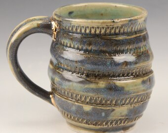 Kintsugi, Wabi Sabi functional hand made and handcrafted green and gold ceramic coffee or tea mug with 22k gold decorative repair