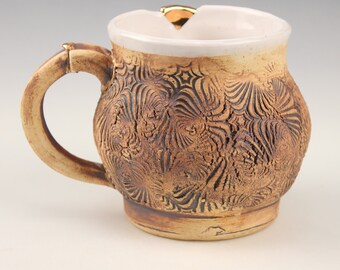 Kintsugi, Wabi Sabi inspired functional handmade brown ceramic coffee or tea mug with texture and decorative 22k gold repair for lefthanders