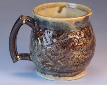Handmade Ceramic Mug, Kintsugi Inspired Gold Repair, Brown Textured Pottery