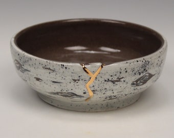 Kintsugi, Wabi Sabi, Birch bark style functional handmade ceramic soup, cereal or ice cream bowl with decorative crack filled with real gold