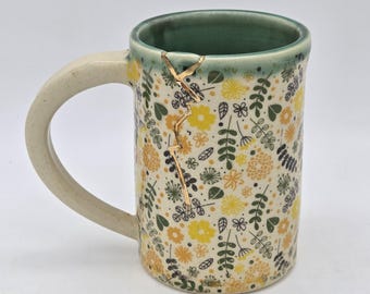 Kintsugi Inspired Functional handmade ceramic coffee mug with colorful flower print