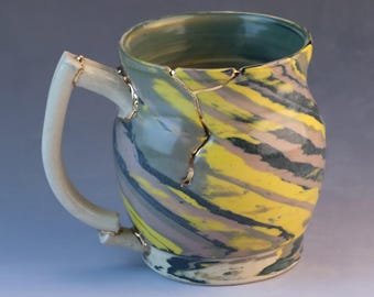 Handmade Kintsugi Ceramic Coffee Mug, Gold Detail Agateware