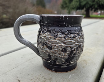 Handmade Ceramic Mug, highly textured, black with white spots