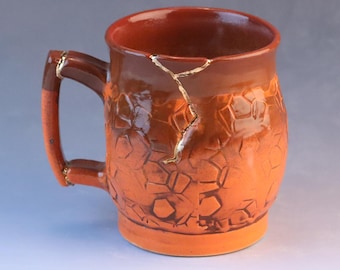 Kintsugi, Wabi Sabi, handmade ceramic coffee or tea mug with decorative 22k gold repair