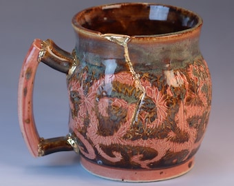 Handmade Kintsugi Ceramic Mug, Pink Brown Texture, 22k Gold Repair